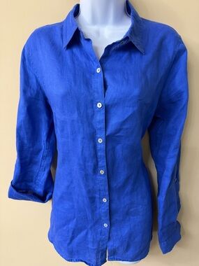 100% Linen Blouse - Jones New York Size M, Royal Blue Buttondown
